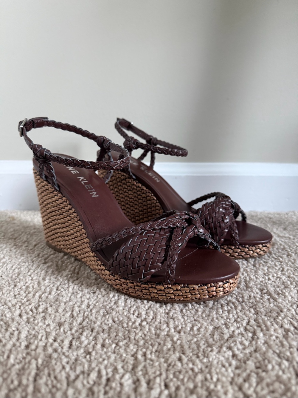 Anne Klein Dark Brown Braided Wedge Sandals